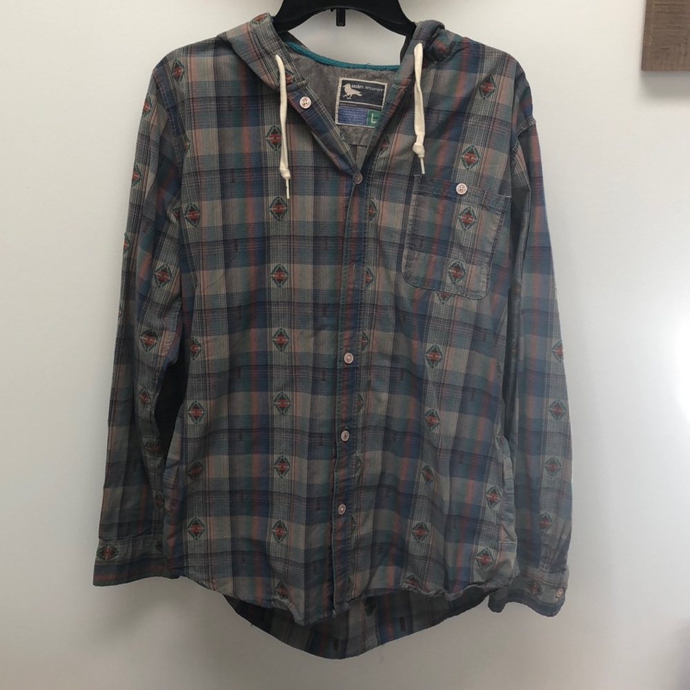 Men's Plaid Hooded Button-Up Shirt Jacket - Blue Gray